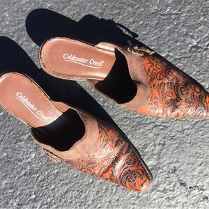 ColdWater Creek leather mules.  Brown and orange tooled leather.   Size 9.5.